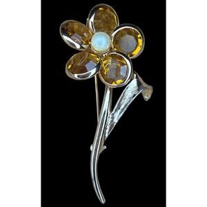 VTG Sarah Coventry Flower Brooch Pin Amber Smoky Quartz Faux Pearl Gift Feminine